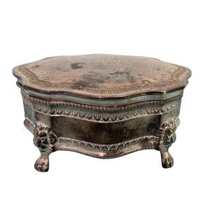 Vintage Ornate Silver-Plated Jewelry Box With Lion Paw Feet Blue Velvet Lined